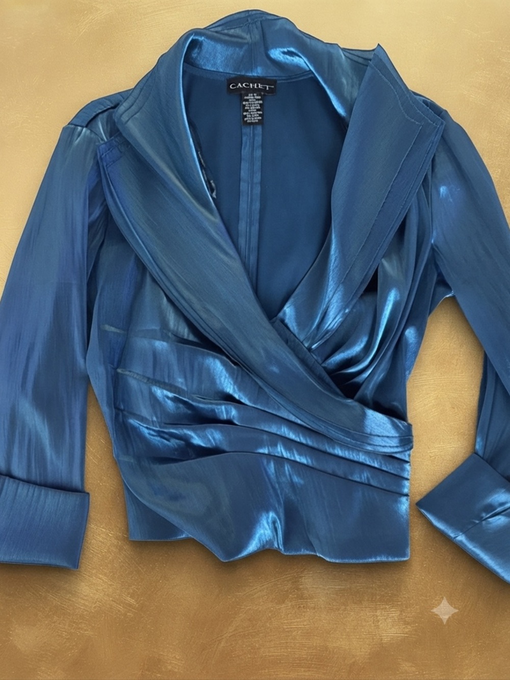 Cachet Shimmering Teal Wrap Blouse. Zipper up back is hidden. Gorgeous.